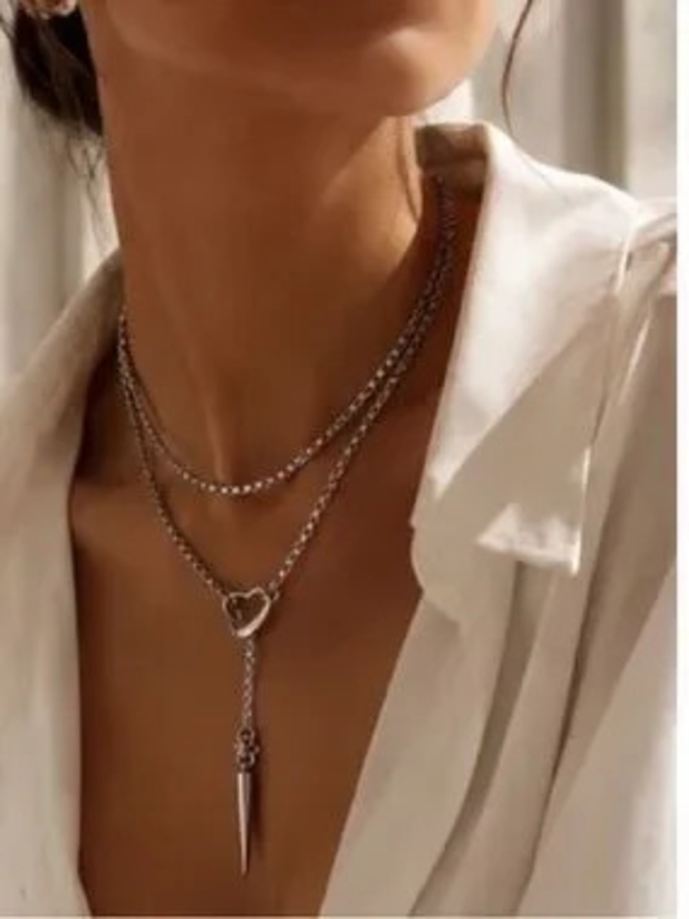 Anthropologie Silver Layered Heart Lariat Necklace